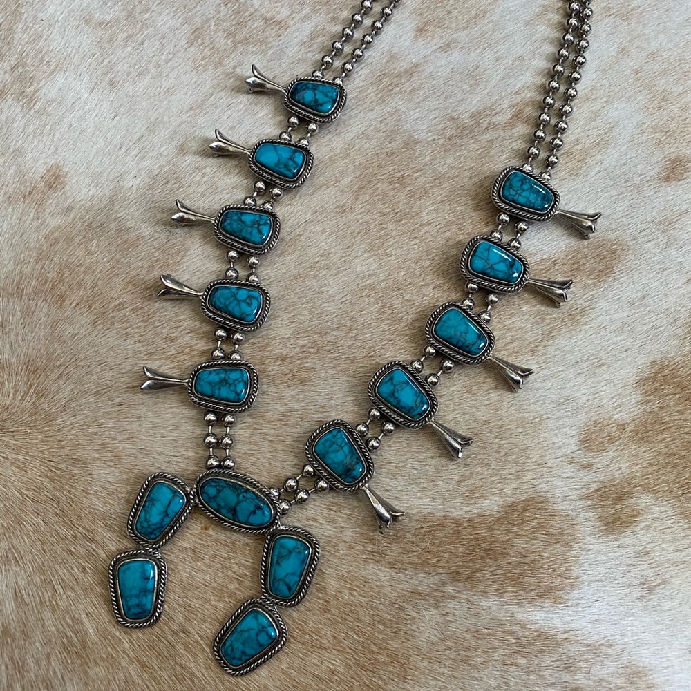 Faux Turquoise Squash Blossom Necklace